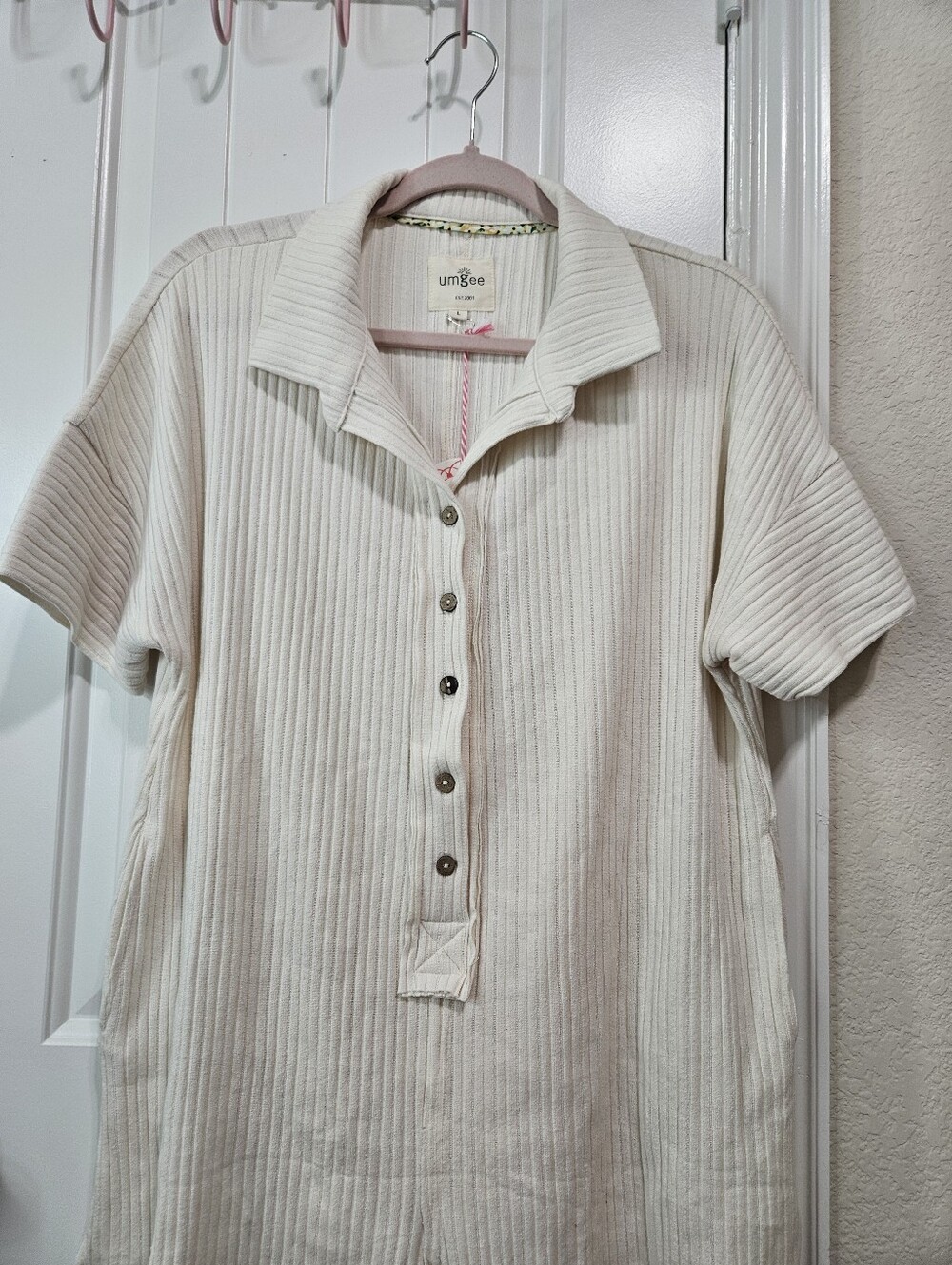Umgee Beige Ribbed Button-Up Romper - Picture 4 of 11